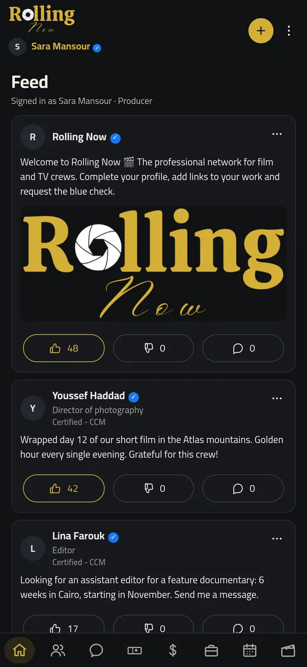 Rolling Now feed with posts from film crews
