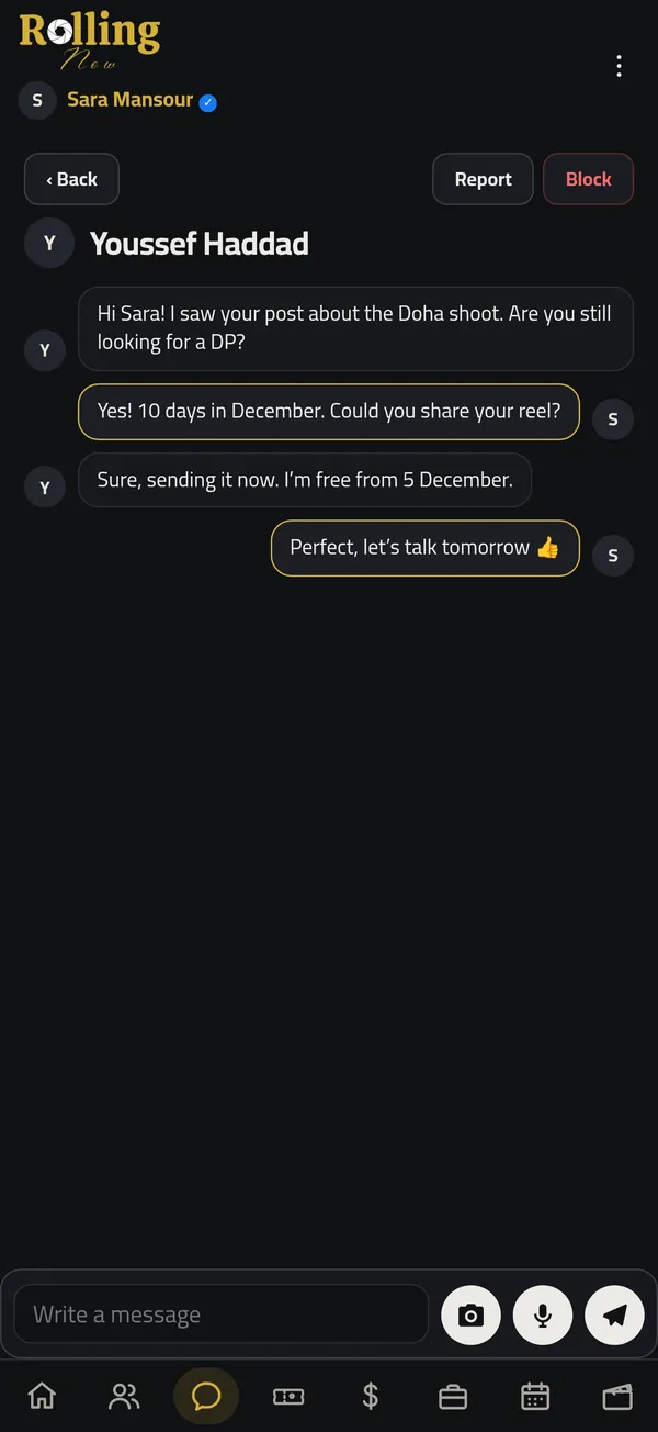 Rolling Now private messages between crew members